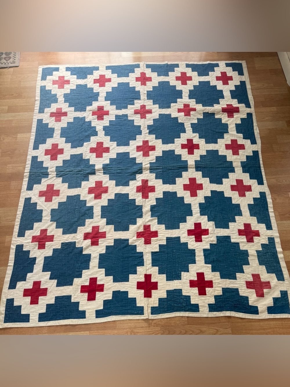 Museum Quality Antique Blue, White & Red Geometric Quilt 80x67